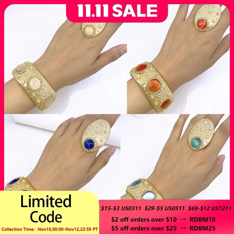 

Classic Design Wide Bracelet Bangle Exaggerate Large Ring 18K Gold Plated Ring Set For Women African Nigeria Party Jewelry Set