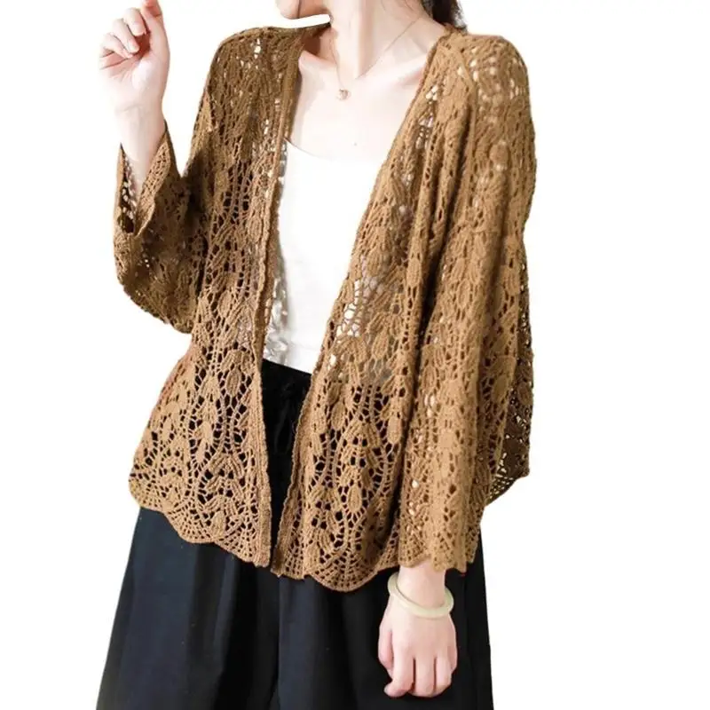 652F Women Knit Cardigan Open Front Cardigan Sweater Casual Long Sleeve Crochets Coat