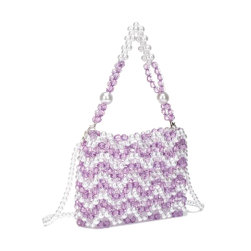 Summer Wave Patterned Acrylic Pearl Small Totes Transparent Beaded Woven Tote Bag Patchwork Hollow Out Luxury Seaside Bags