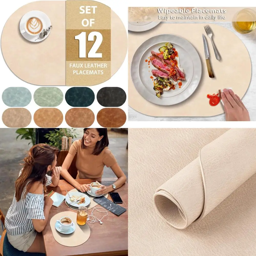 

Heat Resistant Oval Placemats, Set of 12, Washable 12x17 Inch, Waterproof Wipeable PU Table Mats, Durable for Everyday Use
