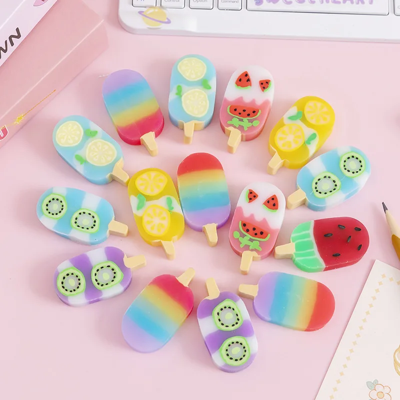 Juego de 4 unidades de 1-2 juegos de borradores de goma con forma de helado, bonitos y kawaii, de dibujos animados de Lytwtw, artículos de papelería novedosos, suministros escolares y de oficina