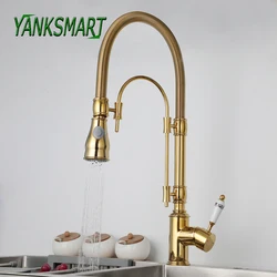 YANKSMART Gold Polished Spring Pull Down Kitchen Faucet Deck Mounted Rotating Basin Cuisine Torneira Brass Sink Mixer Water Tap