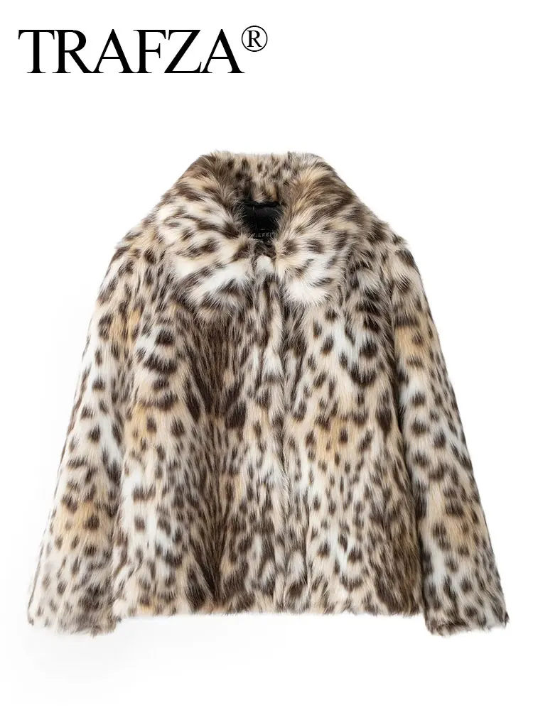 HH Woman Lapel Long Sleeves Side Pockets Casual Coat Women Winter Leopard Print Faux Fur Loose Slim Warm Coat Mujer