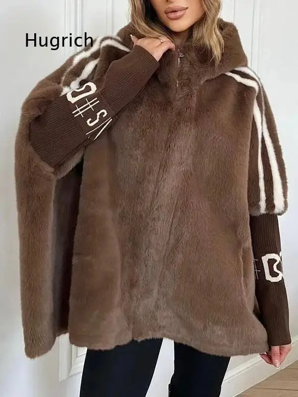 Women's Hooded Fuzzy Fleece Coat Long Sleeve Patchwork Zip Up Outerwear Loose Fit Warm Jacket For Casual Daily Wear