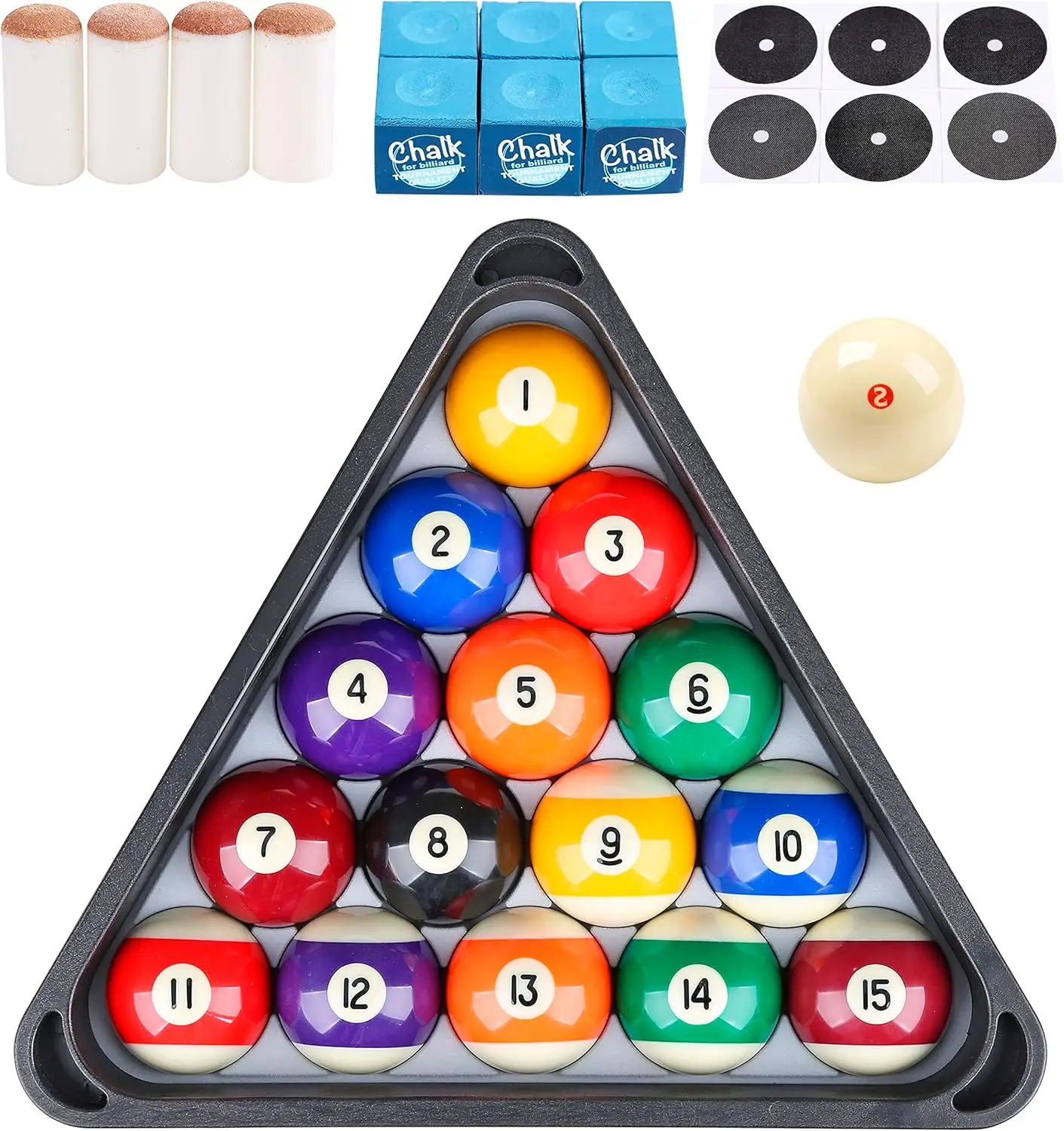 Pool Balls with Triangle Ball Rack, Cue Chalks, Table Spot Stickers & Tip Replacements - Pool Table Accessories