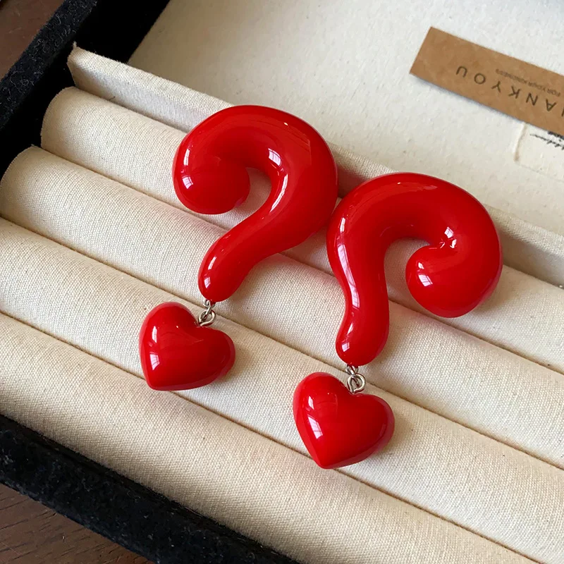 Exaggerated Dripping Oleoresin Red Pink Question Mark Heart Dangle Earring for Women Jewelry European American Gift