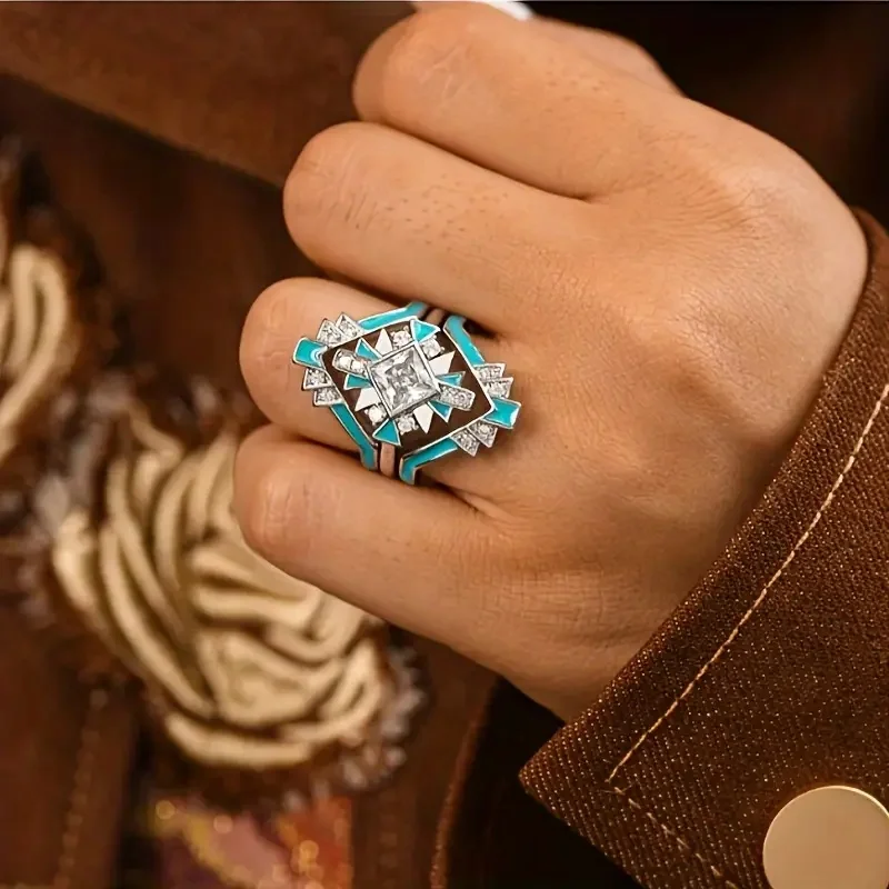 Luxury Three Piece Bohemian Women's Ring Blue Epoxy Resin Unique Design Women's Accessories Anniversary Party Trendy Jewelry