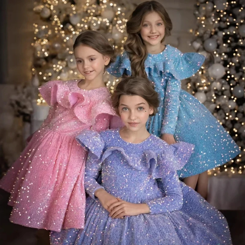 Girls Long Sleeve Sequin Celebration Host New Year Party Pageant Formal Gown Clothes Princess Dress Children Birthday First Year