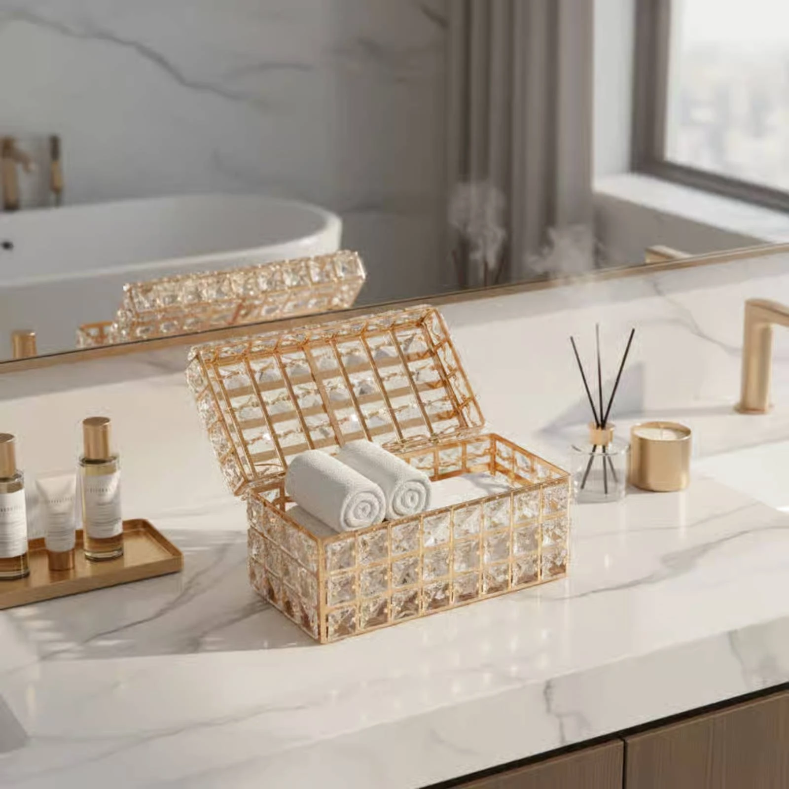 Crystal Tissue Box Luxury Design Desktop Tissue Holder Cosmetic Storage Box Sparkling Glitter for Vanity view 5