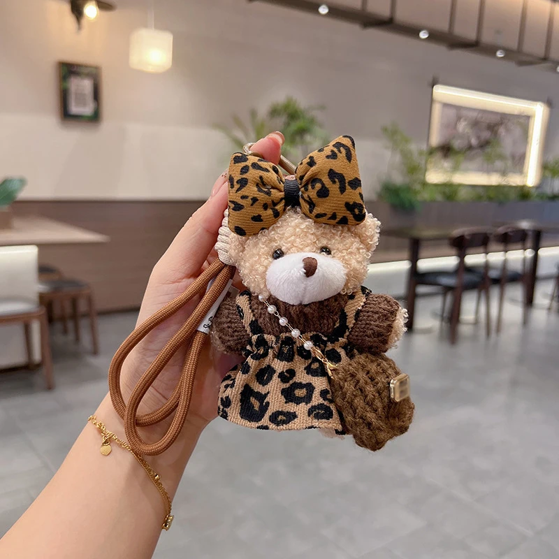 لطيف ليوبارد على ظهره تنورة الدببة الضخمة المفاتيح قلادة لينة الحيوان محشوة كيرينغ الإبداعية حقيبة دمية حقيبة تزيين مُثبت