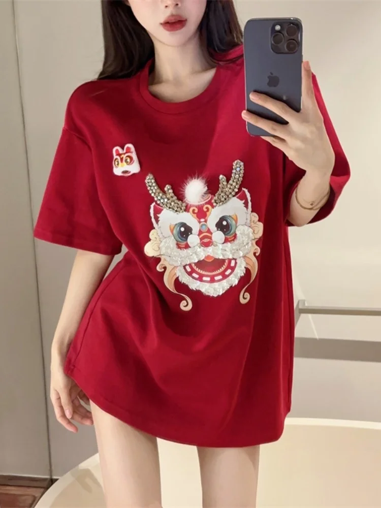 

Red Long Sleeve 3D Dragon Design Slim Fit Women's T-Shirt Mid-Length Korean Style round Neck Casual Spring Summer Top