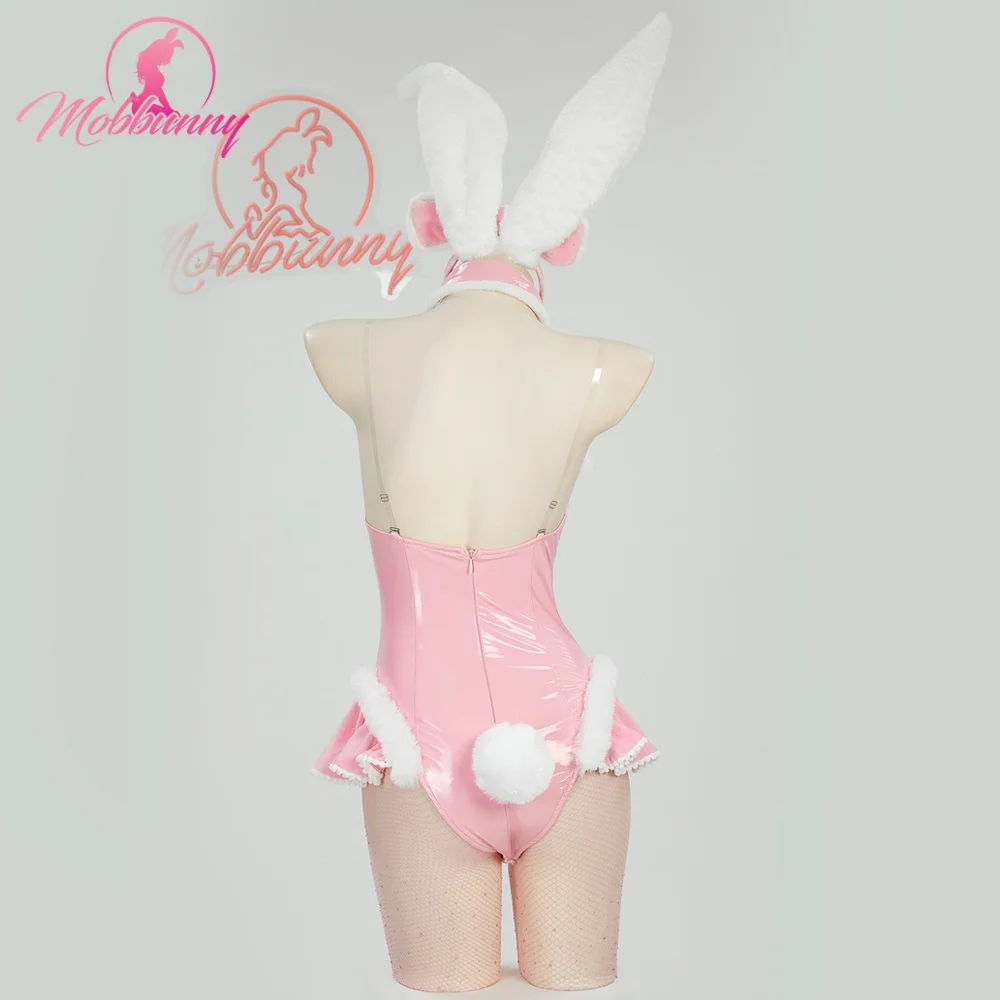 2025 Women Lingerie Pink Bunny Girl Cosplay Costume Furry Heart Cutout Bodysuit with Bunny Ears Headaband and Tail view 2