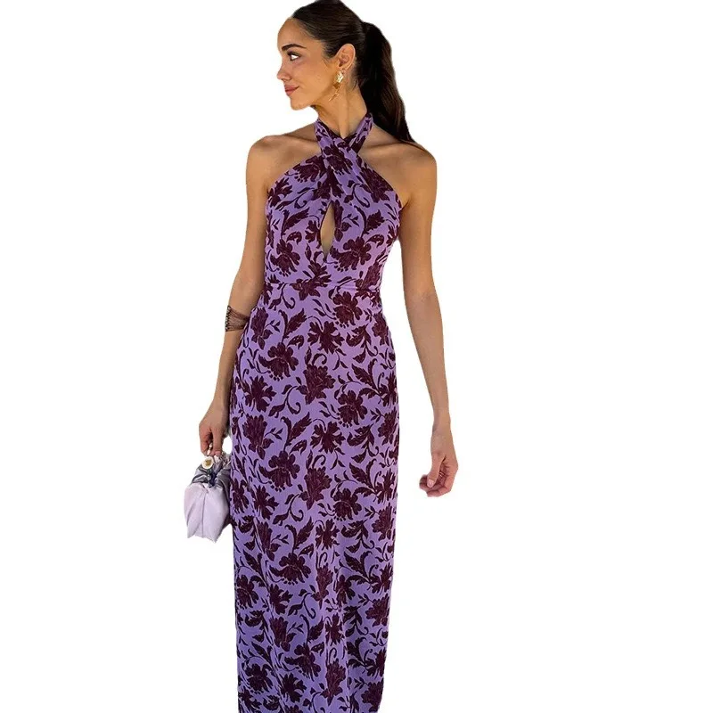 2025Summer New European and American 's Fashion Halter Neck Off-Shoulder Printed Backless Slit Dress Women