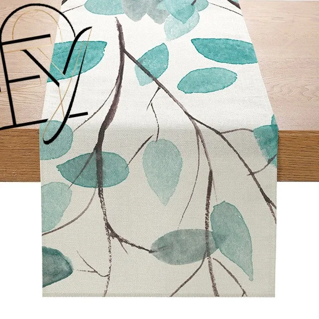 Linen Table Runner Stacked Navy Orange Pumpkins with Fall Flowers Off White Thanksgiving Dinner