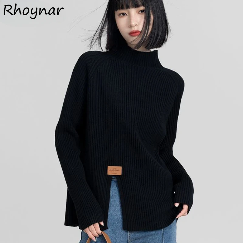 

Pullovers Women Irregular Knitwear Thick Side-slit Casual Warm Loose Sweater Autumn Winter Soft Cozy Half High Collar Ulzzang