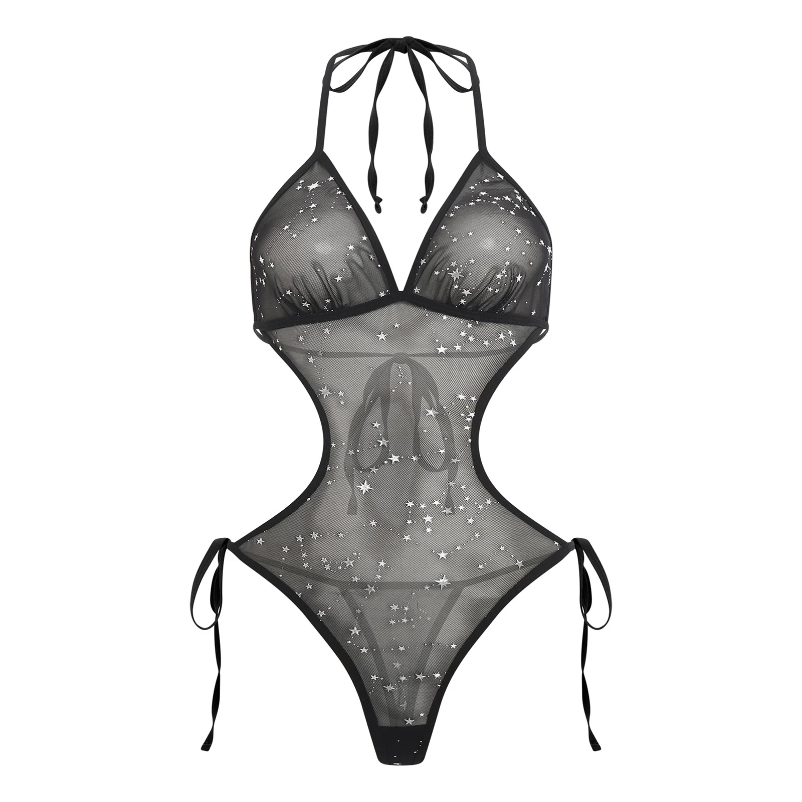 

Women's Lingerie See Through Mesh Bodysuit Halter T-back Lace-up T-back Leotard for Erotic Nightwear Jumpsuit Bathing Suit
