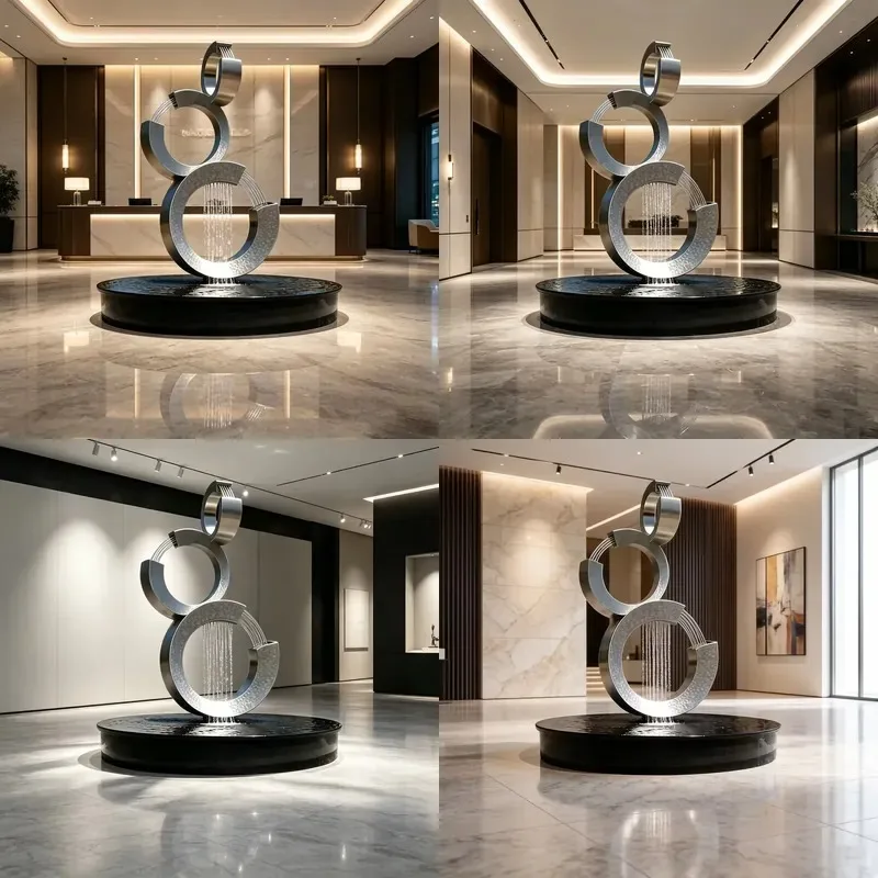Hammered Stainless Steel Three Ring Cascade Fountain Sculpture Indoor Circular Water Feature Lobby Decoration