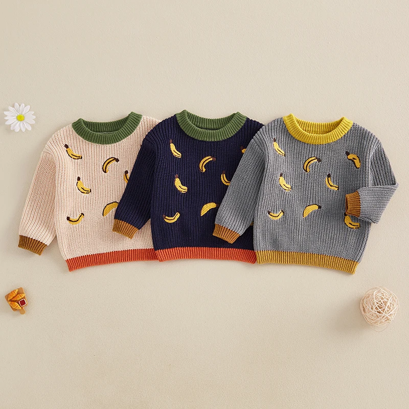 

2024-09-06 Lioraitiin Fall Baby Boys Girls Knit Sweaters Long Sleeve Round Neck Banana Embroidery Loose Pullover Infant Tops