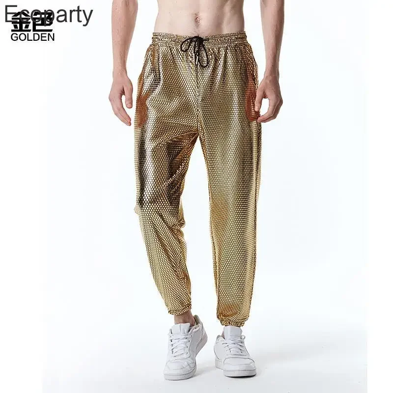 New Shiny Gold Metallic Jogger Tpants For Men Hip Hop Casual Pocket Cargo pants Disco Dance Party Festival Prom Streetwear