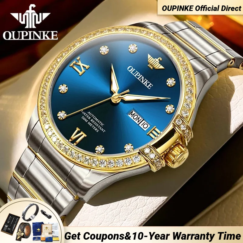 OUPINKE Full Diamond Mechanical Watch for Men Luxury Brand High-end Hand Clock Sapphire Mirror Date Week Man Wristwatches