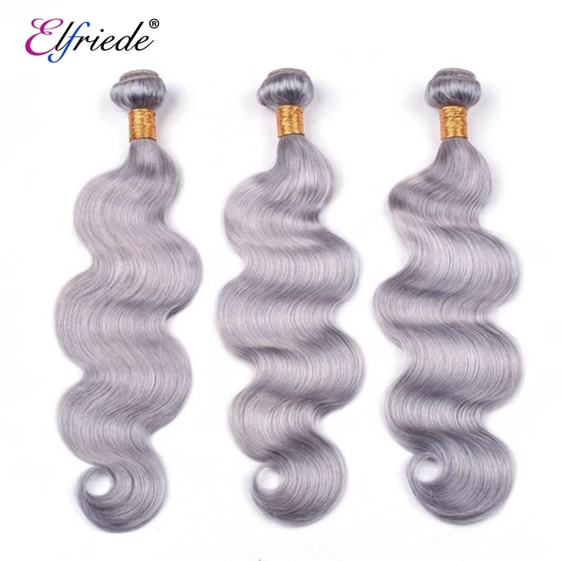 Elfriede Pure Grey Body Wave Colored Human Hair Bundles 100% Human Hair Extensions Brazilian 3/4 Bundles Deals Human Hair Weaves