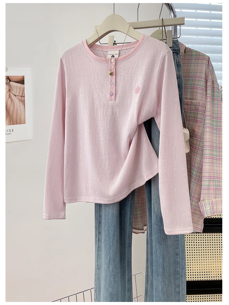 Elegant Simple Maple Leaf Embroidery Color Block Button Half Open Collar Long Sleeve Women's T-Shirt Breathable Fashion Slim ...