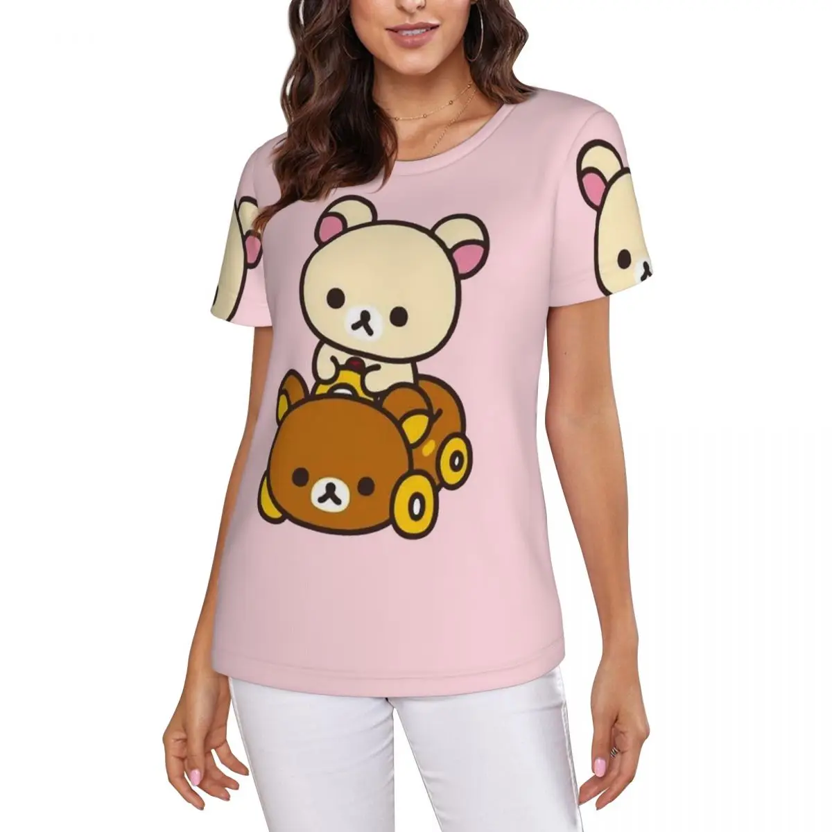 Korilakkuma Driving A Rilakkuma Car T-Shirt Women Short Sleeve T Shirts O-Neck Clothes Cotton Summer Tees Streetwear