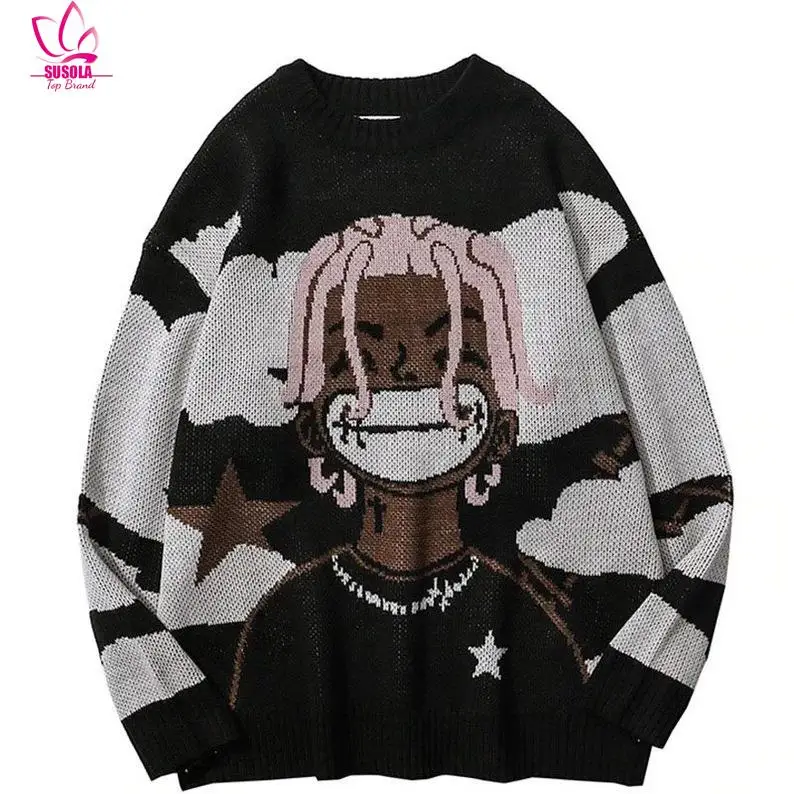 Harajuku Women Sweater Knitted Cartoon Printed Tops 2024 Autumn Winter High Street Activewear Oversize Pullovers Hip Hop Jumper