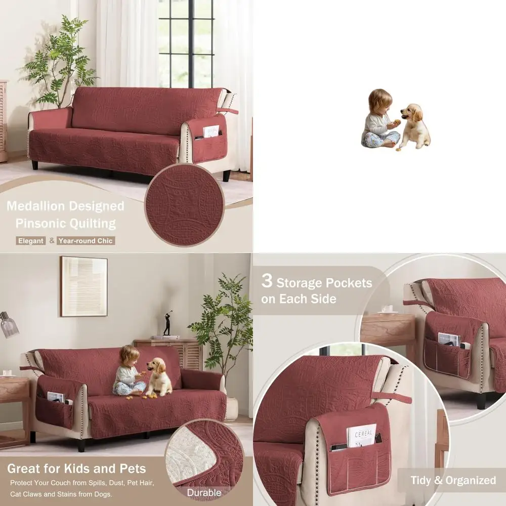 

Red Quilted Sofa Slipcover with Anti-Slip, Water-Repellent, Washable for Large Sofa 68