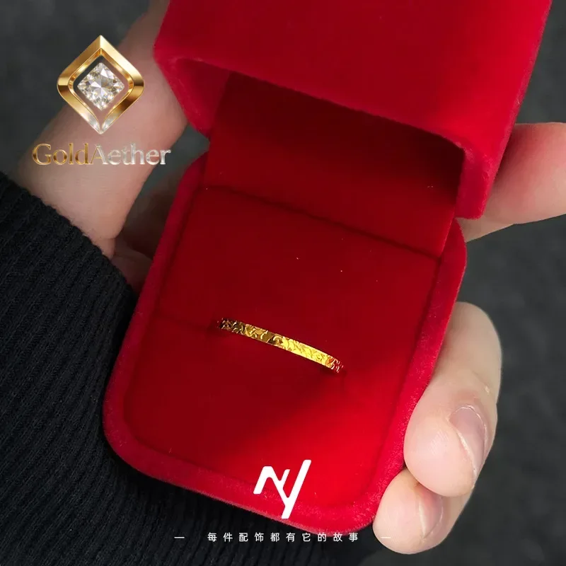 

GoldAether 9999 24K Real Gold 2mm Ring Women's Narrow Face Niche Broken Blowing Flash Elemental Circle Index Finger Ring Birthda