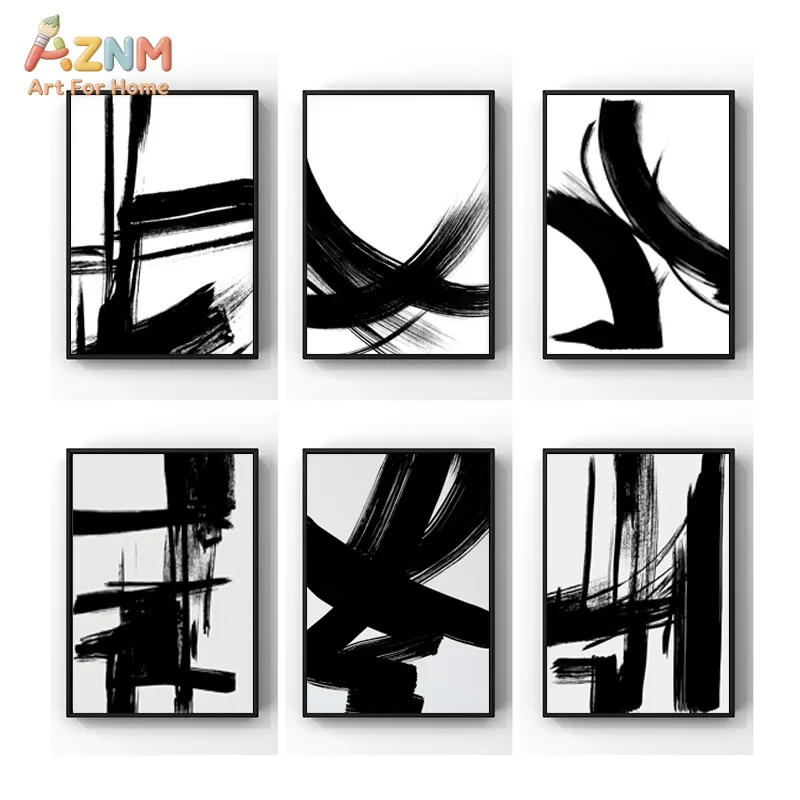 AZNM Minimalist Black Ink Brush Stroke Abstract Canvas Wall Art Monochrome Line Art Modern Nordic Living Room Bedroom Home Decor