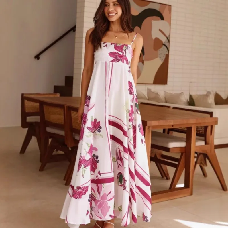 เซ็กซี่Backlessพิมพ์ลายดอกไม้Sundress 2025 ฤดูร้อนใหม่สปาเก็ตตี้Strape HighเอวA-Line Bohoชุดยาวผู้หญิงวันหยุดชุด