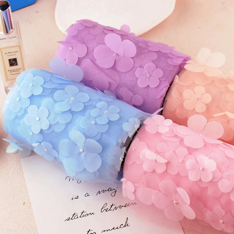 

Embroidered 3D Flower Ribbon Petal Mesh Tulle Lace for Crafts, Hairbows Decorative Gift Wrapping, High Density Roll, 12cm