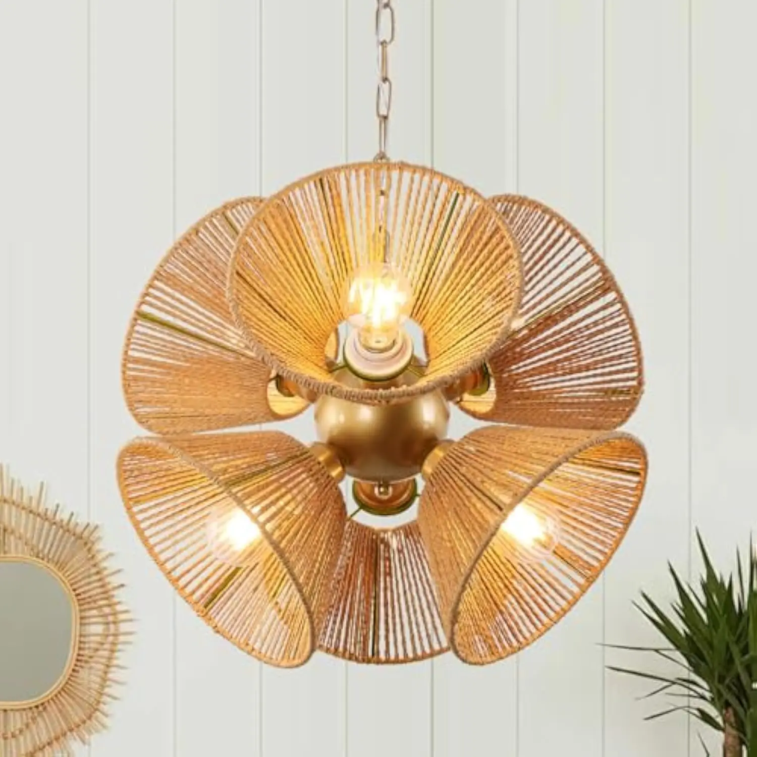 

6-Light Rattan Chandelier, Boho Pendant Light 18.5 Inch, Hand Woven Wicker Light Fixture for Dining Room,Rustic Chandeliers Han