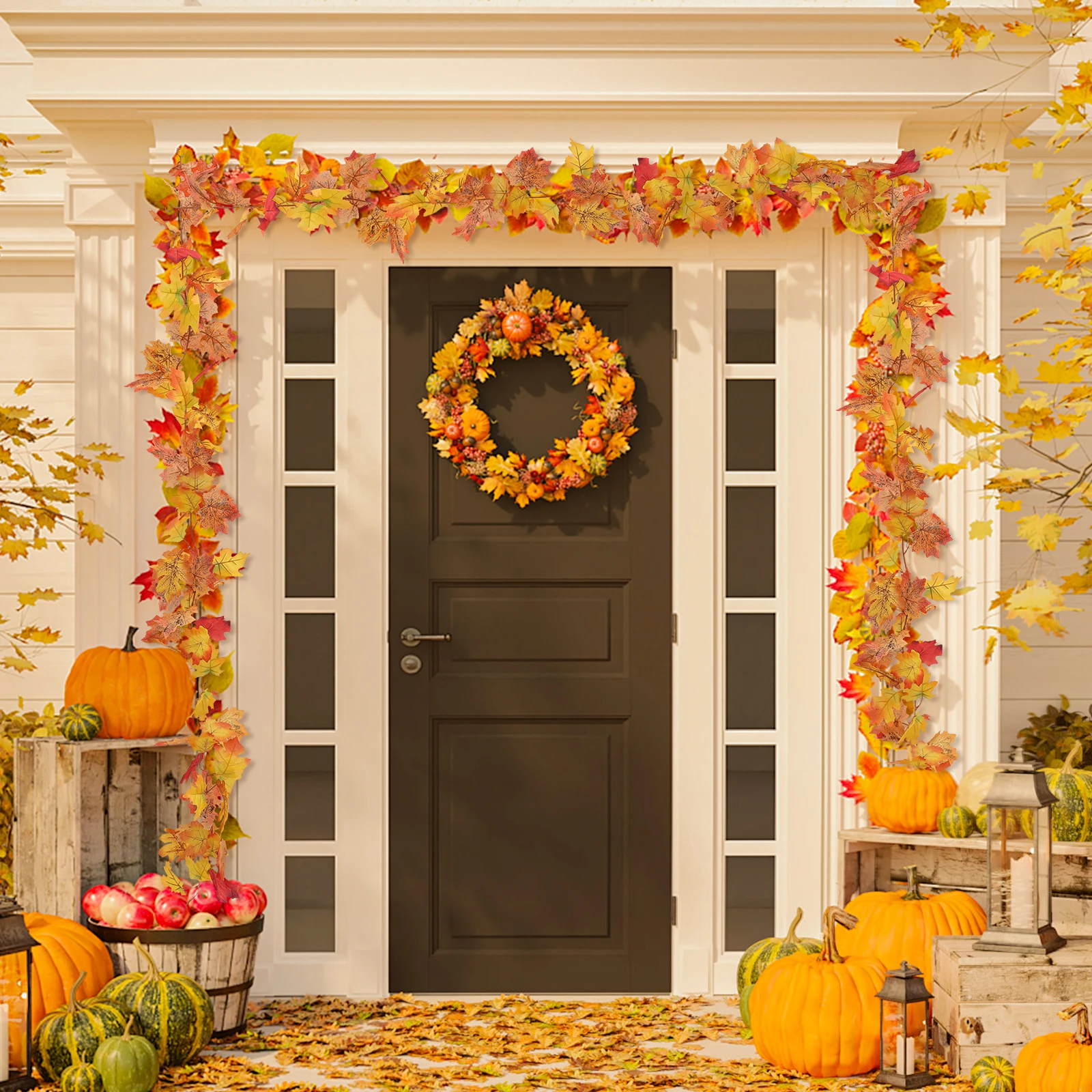 

1Pcs Artificial Maple Leaf Decoration Halloween Vine Wreath Autumn Hanging Garland Simulation Maple Leaf Garland Party Decor