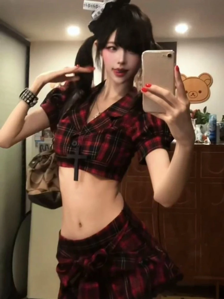 Y2K Goth Punk Plaid 2 Piece Set Women Subculture Cropped Lapel Top Low Waist Pleated Mini Skirt Slim Fit Sexy Party Outfit 2026