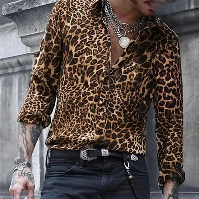 

2026 Leopard Print Pattern Lapel Button men's Shirt 3D Printed Casual Fashion Long Sleeved Shirt Street Unisex Clothing Top