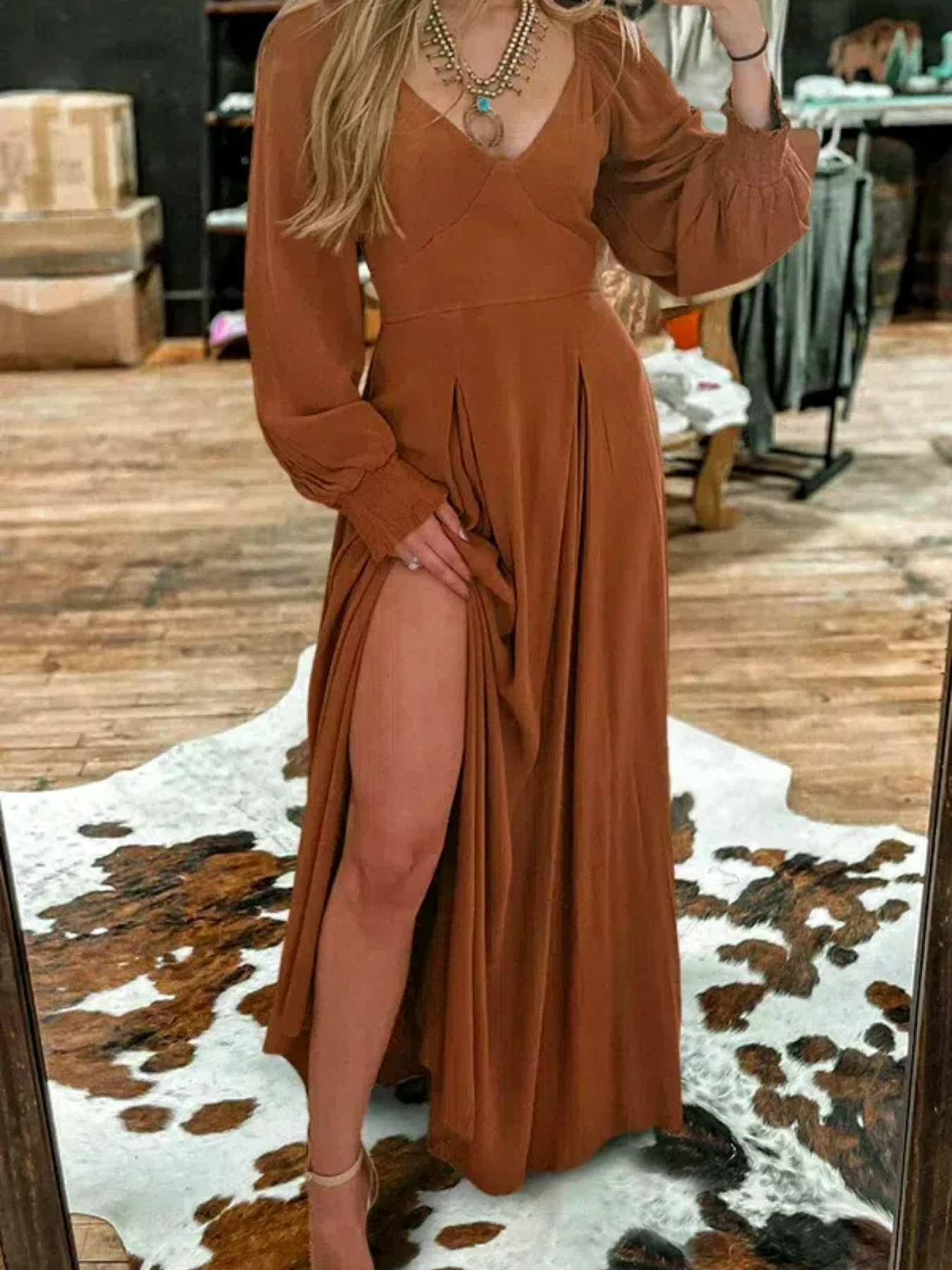 Mikydely-fashion V-neck long sleeve high split skirt