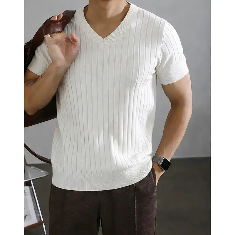 

V-neck Short Sleeved Men's Sweater Top for Autumn and Winter Thick and Versatile Elastic and Slim Fitting Knitted Sweater