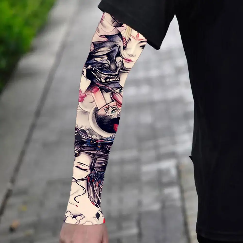 

Flower Arm Pattern Flower Arm Tattoo Sleeve Elastic Breathable Ice Silk Arm Sleeve Sunscreen Thin Men Sunscreen Sleeve