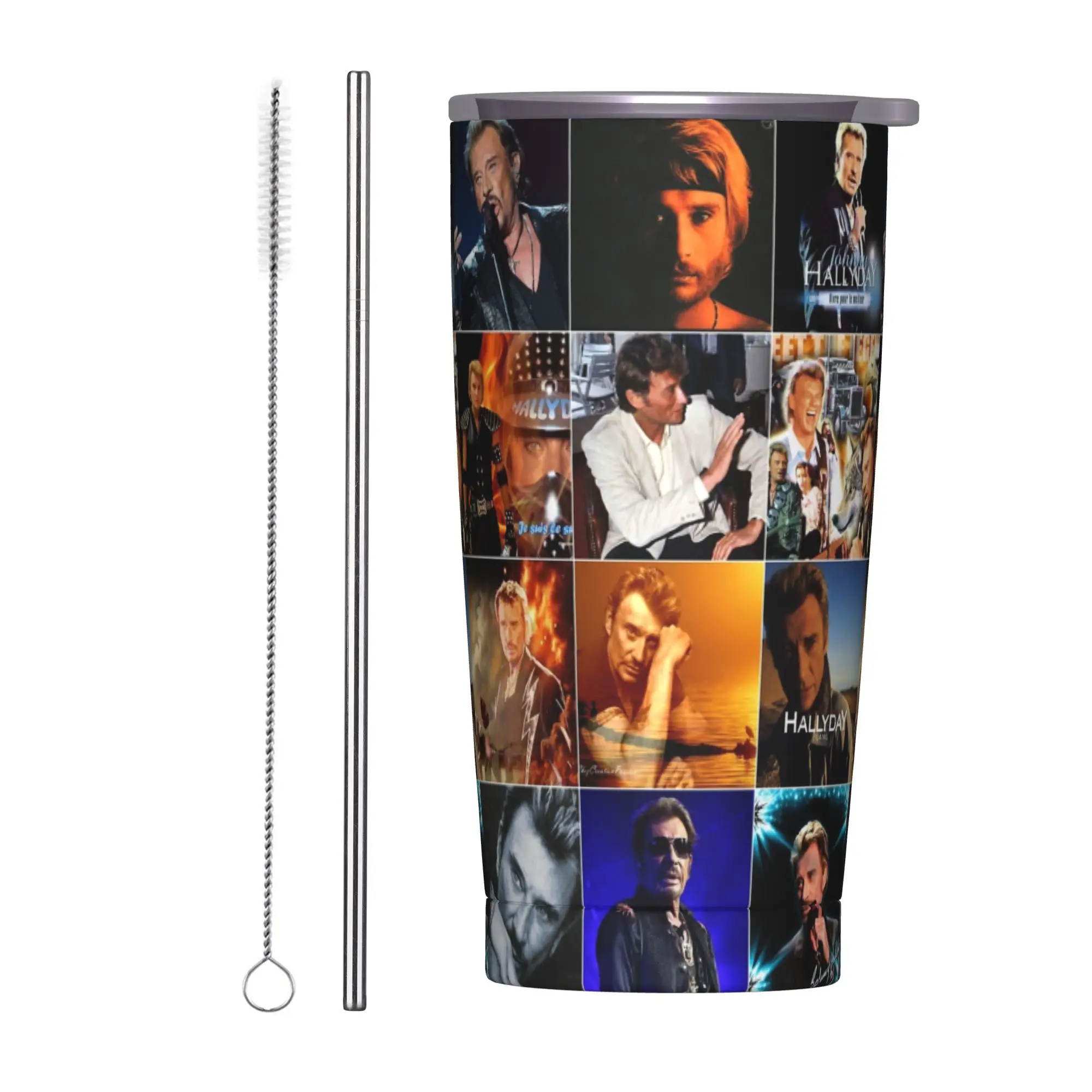 Johnny Hallyday Photo Collage Insulated Tumbler with Straws  Vacuum Thermal Mug Office Home Hot Cold Drinks Cup, 20oz