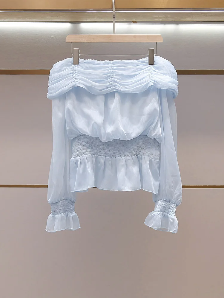 Withered Women's Spring And Summer New Style French Style One Shoulder Flared Sleeve Short Style Waist Cinching Slimming Chiffon