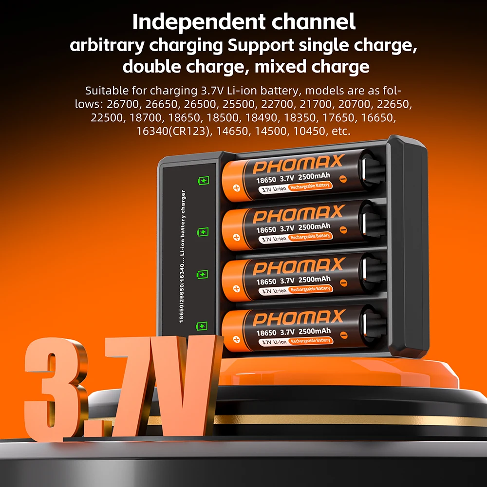 

PHOMAX 18650 Battery 3.7V 2500mAh Li-ion Rechargeable Batteries With Charger For Electric Pointer Doorbell Headlight Flashlight