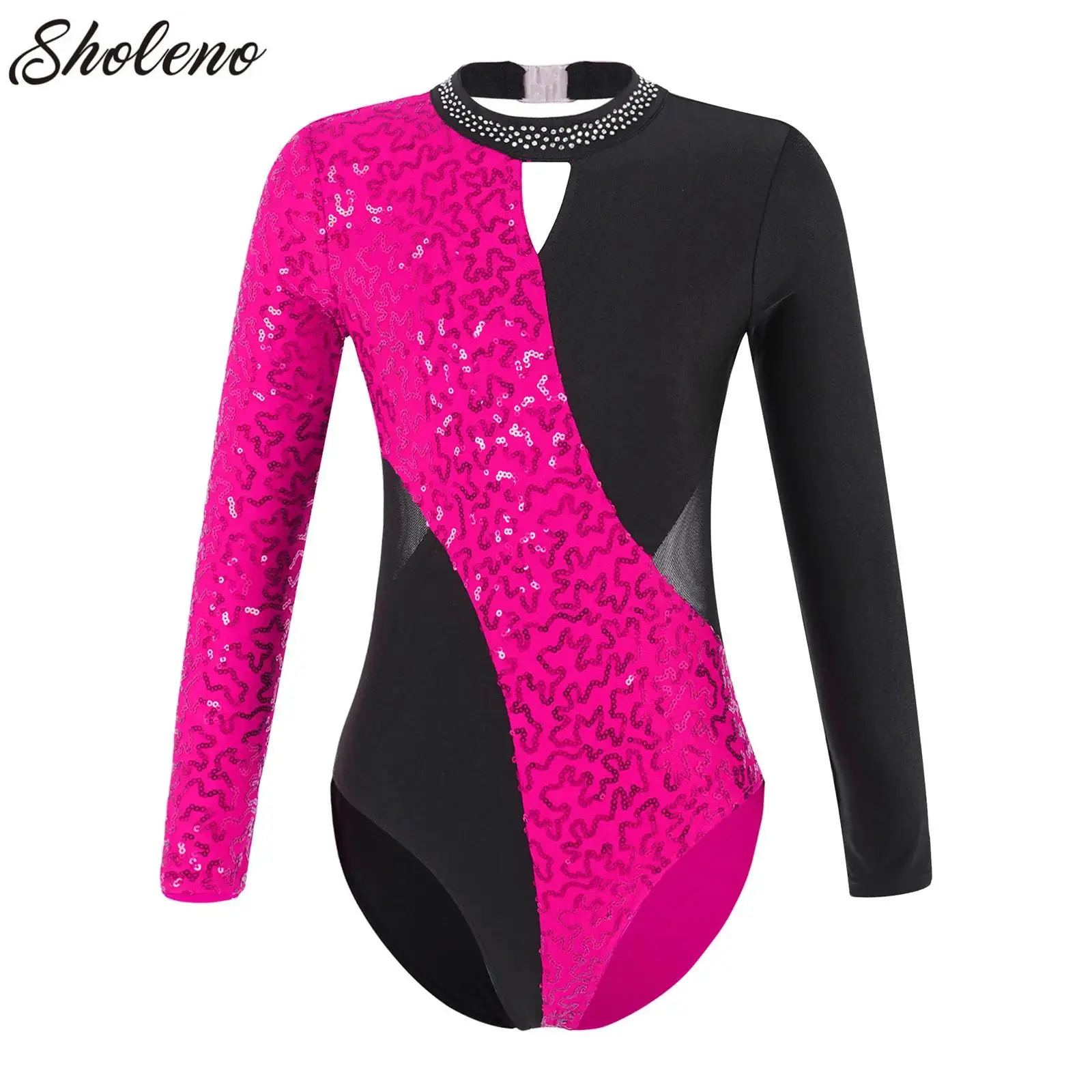 

Kids Girls Ballet Dance Leotards Figure Skating Costume Long Sleeve Shiny Sequin Gymnastics Bodysuit Stage Performance Dancewear