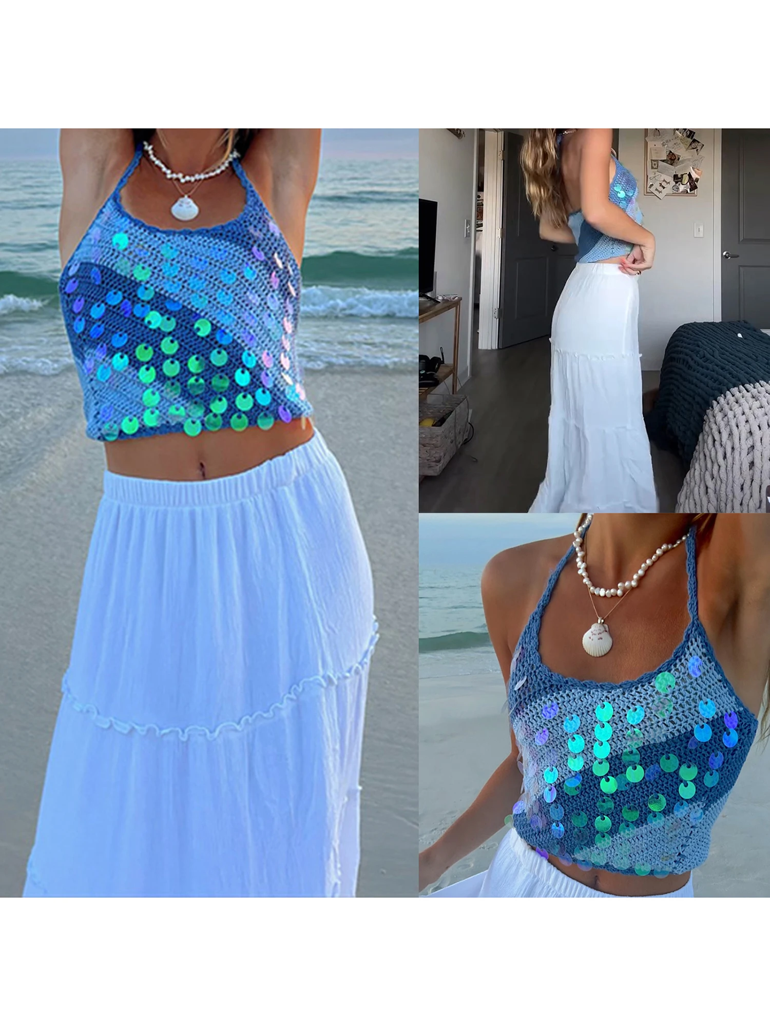 Women s Sparkly Sequin Halter Top with Crochet Back and Sleeveless Design for Trendy Streetwear and Grunge Fashion