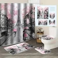 4-Piece Pink Paris Eiffel Tower Bathroom Set-Romantic Shower Curtain with 12 Hooks, Non-Slip Mat, Toilet Seat Cover, Home Decor