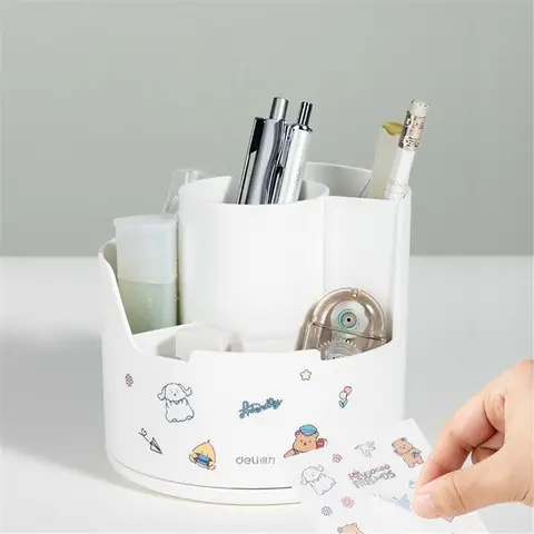 Deli Desk Pencil Pen Holder, 4 Slots 360-Degree Spinning Organizers, Desktop Storage Stationery Supplies for Office&School