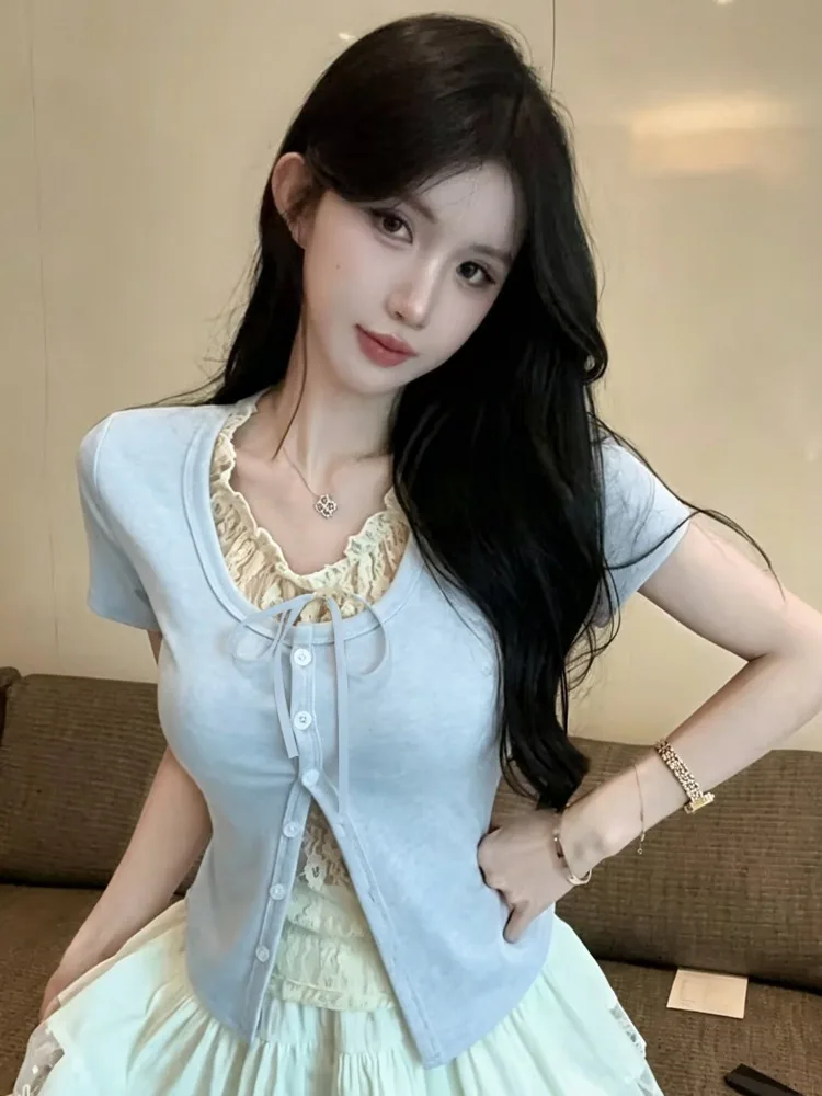 

Summer Pure Desire Knot Short Sleeve High Waist Cake Skirt Set Women's Versatile Top And Bottoms Sweet Style Casual...