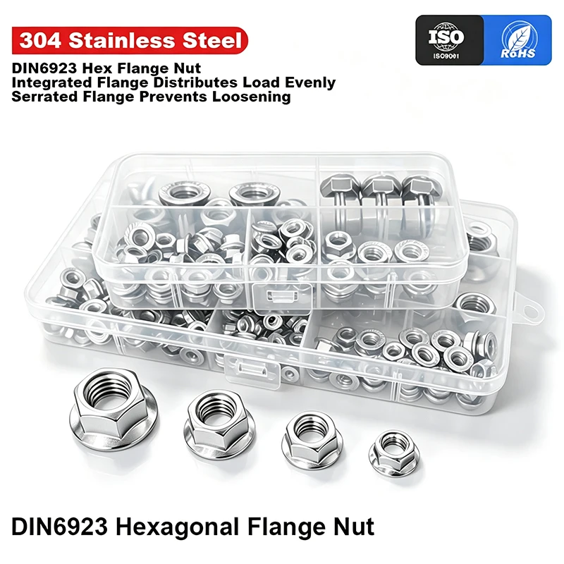 SUS304 A2-70 INOX Stainless Steel DIN6923 Serrated Hex Flange Nut, Metric Lock Collar Fastener, Box Packed M3 M4 M5 M6 M8 M10M12