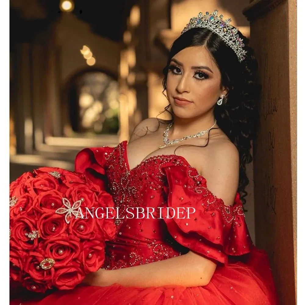 فستان Angelsbridep مخصص باللون الأحمر اللامع Quinceanera فستان سهرة من Vestidos De 15 Quinceañera حلو 16 فساتين حفلات للفتيات